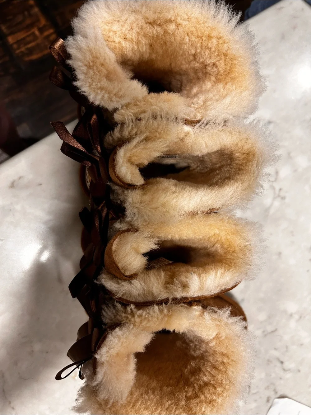 2 pair UGG Chestnut Satin Bow Back Shearling Booties, TWINS, Sz 11, excellent